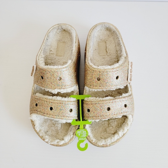 CROCS Shoes - New Classic Crocs Cozy Sandals Glitter Gold Cream Fur Size 8
